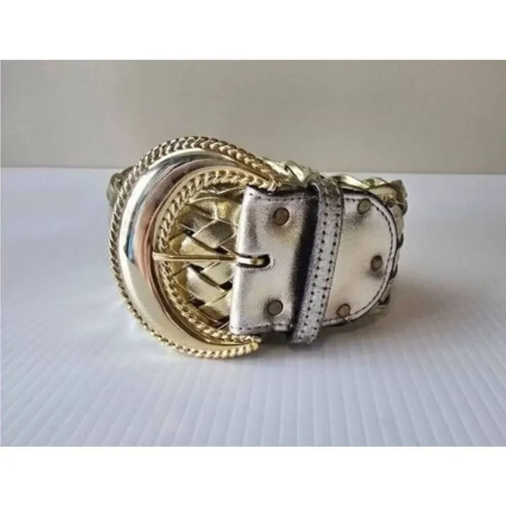 Gold Belt Wide Woven Faux Leather Sz M